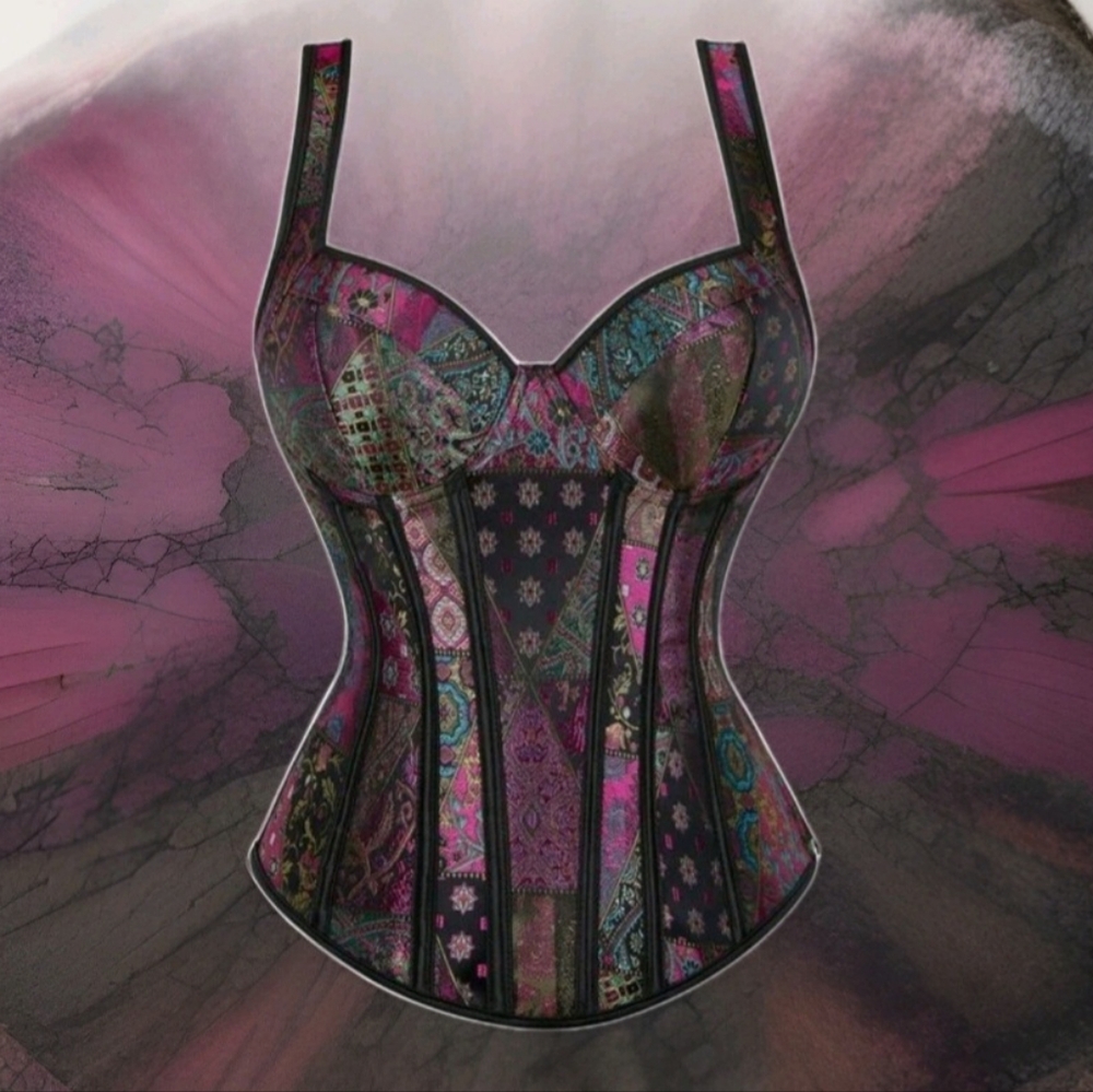 NWT Patchwork Multicolor Floral Jacquard Lace Up Corset SZ L - Picture 12 of 15